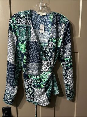 LOFT Green & Navy paisley patchwork  Printed Wrap Top blouse
